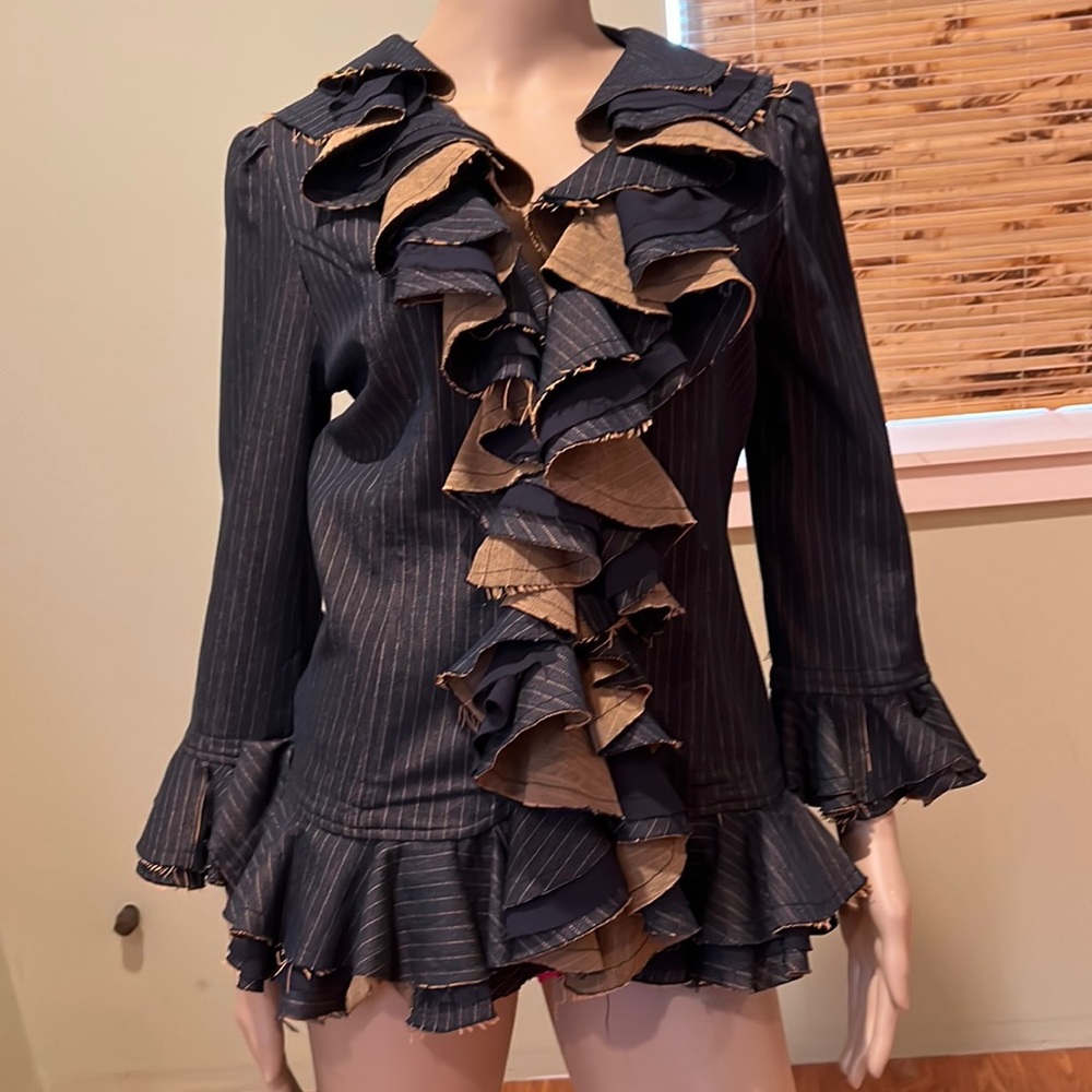 Janice Nelli Denim Pinstripe Ruffle Jacket Size L